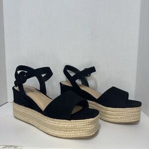 JustFab Womens Sandals 10 Black Velvet‎ Espadrille Ankle Strap Platform Wedge